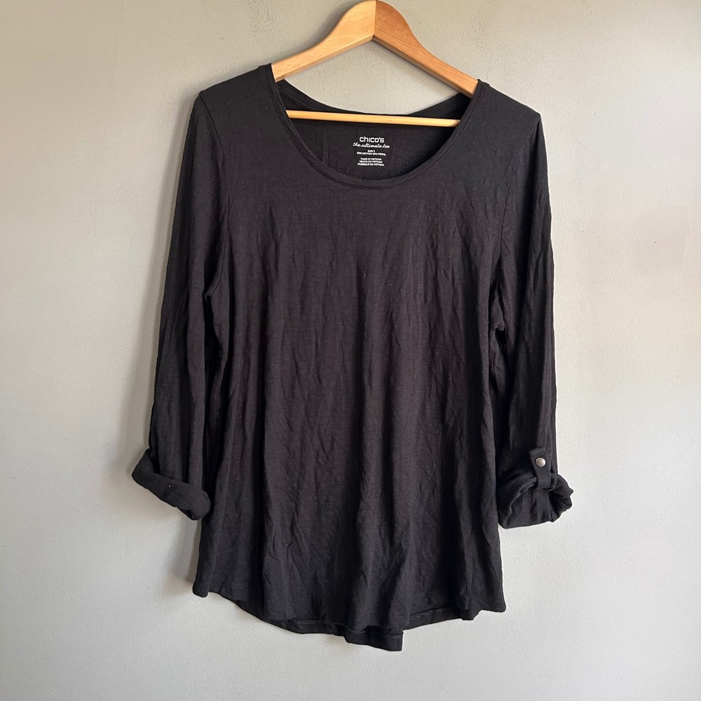 Chicos The Ultimate Tee Black Long Sleeve Roll Tab Scoop Neck Size 3 XL